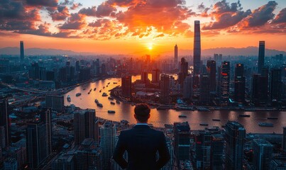 Man in suit on rooftop overlooking cityscape at vibrant sunset.  River winds through city