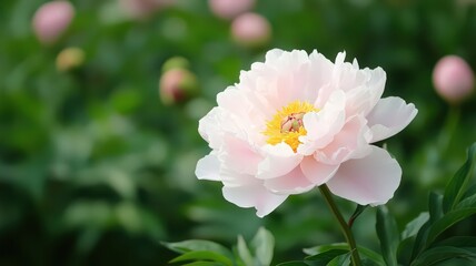 Fototapeta premium Closeup of a Blooming Pink Peony Flower Surrounded by Lush Green Foliage in a Serene Garden Setting