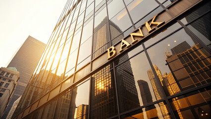 Modern central bank building with glass facade reflecting sunlight, symbolizing financial stability and economic power, banking and finance industry concept.