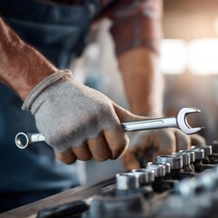Experienced mechanic focuses on repairs with a wrench in hand, showing intricate details and precision while working on vehicle components inside a workshop