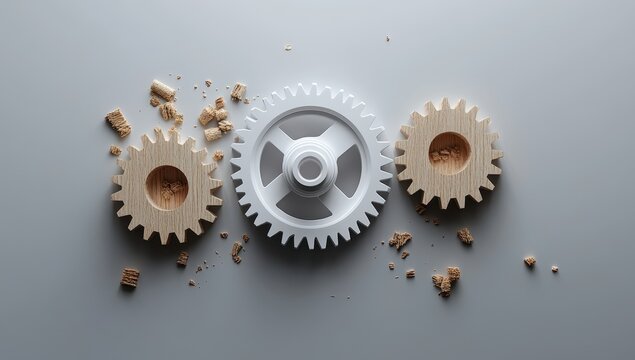 Broken gears, one intact, symbolize failure and resilience