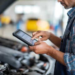 Mechanic focuses on tablet while diagnosing problems under the hood of a vehicle inside a busy automotive workshop in broad daylight hours. Tools and vehicles surround the area