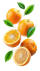 flying orange fruits with half slice and green leaves isolated on transparent white background, clipping path
