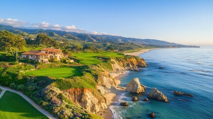 Obraz premium Aerial perspective of high coastal cliff with sweeping ocean views and rugged rocks