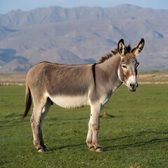 Gray donkey standing in field with mountains in background.