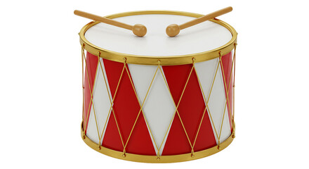 Miniature Red and White Drum with Sticks: Toy Drum, Christmas Ornament, Percussion Instrument on transparent background
