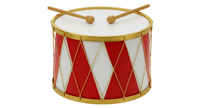 Miniature Red and White Drum with Sticks: Toy Drum, Christmas Ornament, Percussion Instrument on transparent background