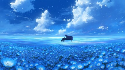 ネモフィラの花畑とグランドピアノ