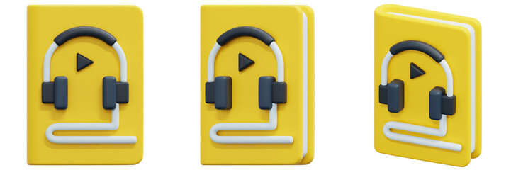 Set of Yellow Book Icon with Headphones and Play Button 3d Render Icon Illustration