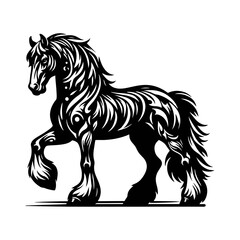 Monochrome Rearing Horse in Artistic Woodcut Style with Bold Lines and Powerful Energy for Tattoo Poster or Logo Use in Equestrian or Animal Branding