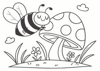 Naklejka premium Cute kawaii cartoon character bee sleeping on the mushroom coloring page for kids