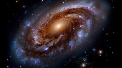 A stunning spiral galaxy showcases vibrant hues of blue and pink, with a bright central core surrounded by a scattered field of distant stars in deep space