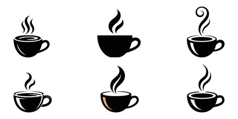 coffee cup icons, Black silhouette of a steaming cup of coffee with a minimalistic design, symbolizing warmth, comfort, and relaxation with simple lines and shapes, Steaming coffee cup line art vector