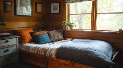 Fototapeta premium Cozy bedroom with wooden trundle bed and soft bedding