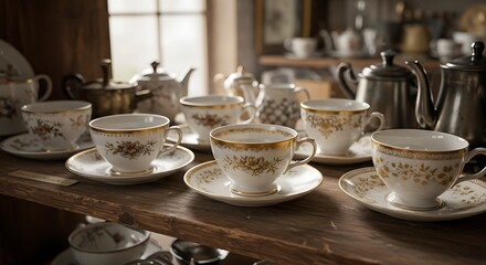 Obraz premium Antique Teacups and Saucers A Collection of Vintage Porcelain