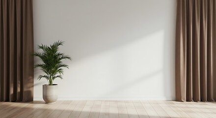 Minimalist interior with brown curtains, plant, and light wood flooring design