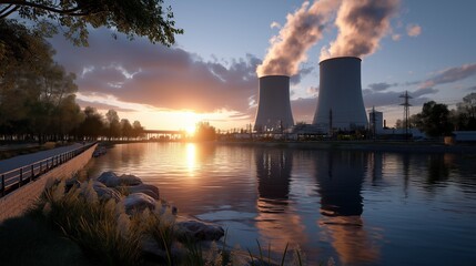Radiation emergency concept. Power plant at sunset by a tranquil river shore.