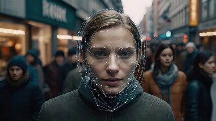 Woman in a crowd with facial recognition technology overlayed in a busy street setting with people
