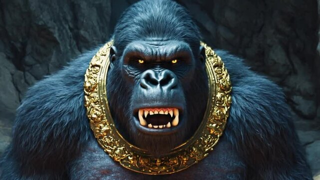 Close up of an angry gorilla with golden necklace showing its teeth in a dark background video