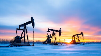 Radiation emergency concept. Oil pumps against a colorful sunset sky.