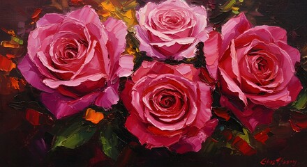 Vibrant Pink Roses: Impasto Floral Painting