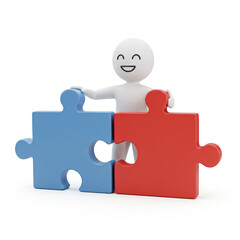 3D Character Assembling Red and Blue Puzzle Pieces &ndash; Concept of Teamwork, Problem Solving, and Collaboration on Light Background
