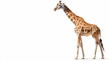 Obraz premium Tall giraffe, long neck, spotted coat, standing on white background
