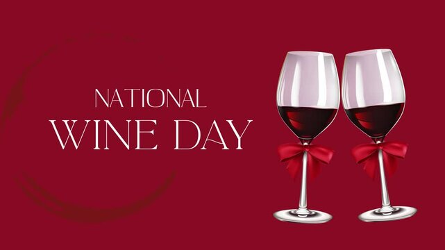 Two glasses of red wine animation with National Wine Day typo. 