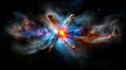 A vibrant cosmic explosion displays brilliant colors, showcasing the dynamic process of star formation in a deep galaxy. Gas and dust swirl, creating intricate patterns in the universe