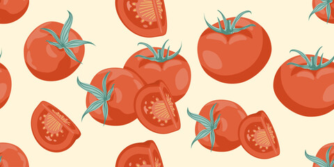 Seamless pattern of red cartoon tomatoes and slices on a light background. Vegetable repeat design. Perfect for packaging, fabric, textile and wallpaper.