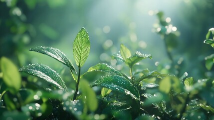 Fresh green leaves with water droplets bathed in soft sunlight morning dew