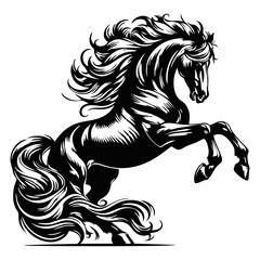 Dynamic Black Horse Illustration in Rearing Pose Captured in Monochrome Vector Line Art Style for Western Poster Tattoo Design or Farm Animal Branding Use