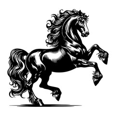 Artistic Stallion Vector Drawing in Black and White Featuring Elegant Line Work and Strong Pose for Vintage Themed Poster Logo or Tattoo Design U