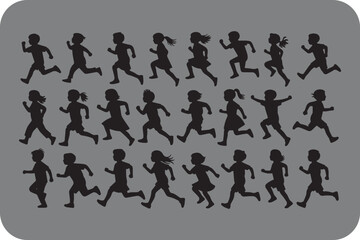Silhouettes of Children Running Energetically in a Row