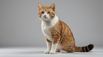 High-Quality Studio Photo of a Relaxed Feline Pet, Orange Tabby Cat, White and Orange Cat, Sitting Cat Studio, Pet Cat Portrait, Domestic Cat Isolated,Pet Portrait