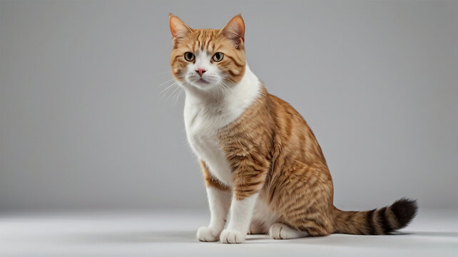 High-Quality Studio Photo of a Relaxed Feline Pet, Orange Tabby Cat, White and Orange Cat, Sitting Cat Studio, Pet Cat Portrait, Domestic Cat Isolated,Pet Portrait