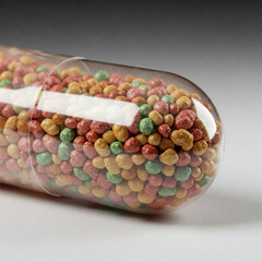 Extreme close-up of a translucent pill capsule revealing the colorful granules inside, isolated on a clean white space, focused detail