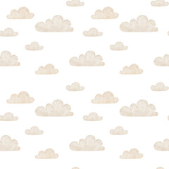 Watercolor seamless pattern with clouds in neutral colors. Hand drawn illustrations for baby wallpaper and fabric, texture backdrop