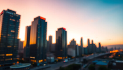 Fototapeta premium Abstract blurred cityscape with high-rise buildings, soft light bokeh effect