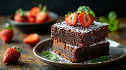 Decadent chocolate brownies topped with fresh strawberries and powdered sugar
