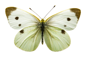 Fototapeta premium Close-up of a Pale Green Butterfly with Dark Spots, Isolated on White Background