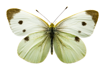 Close-up of a Pale Green Butterfly with Dark Spots, Isolated on White Background