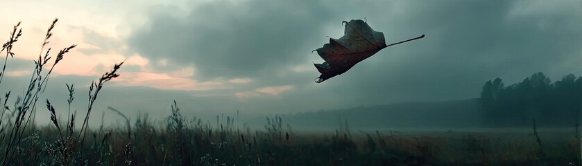 Obraz premium Blowing in the wind with sunrise over foggy meadow hill concept. A dramatic landscape featuring a leaf floating in the air.