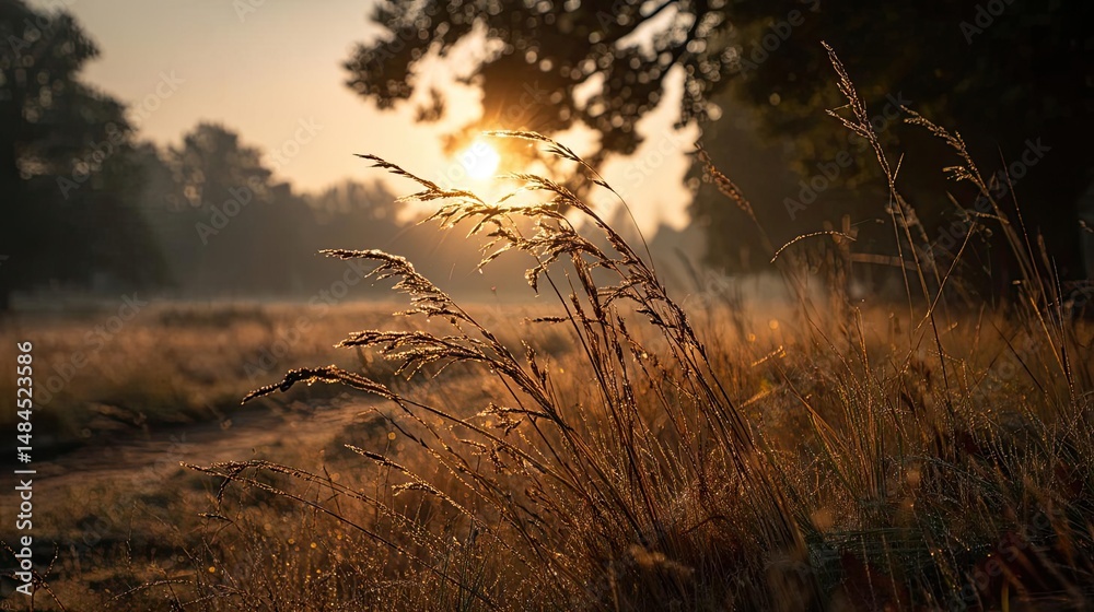 Aufkleber blowing in the wind with foliage over morning meadow concept. morning sunlight filtering through tal