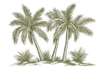 Obraz premium Vintage palm trees illustration. Two tall palm trees with lush fronds stand on a sandy base, surrounded by a patch of grasses. The detailed line art evokes a tropical island scene