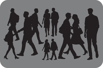 Silhouette Collection of Walking People Couples and Individuals in City Street