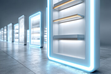 Obraz premium Empty futuristic display cases with glowing edges modern space symbolize healthcare policy reform and innovation medical
