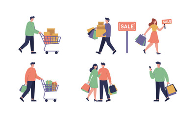 Set of Shopping People Illustrations : with bags, carts, and sale signs.