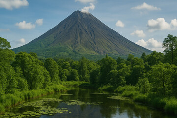 Fototapeta premium Majestic volcano with lush forest and a calm river under a partly cloudy sky
