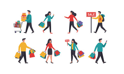 Set of Shopping People Illustrations : with bags, carts, and sale signs.